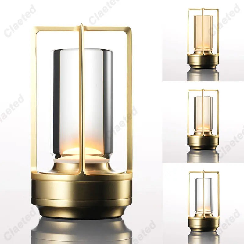 lampe torche moderne led transparente noir doré base métallique minimaliste lumière ambiance camping restaurant