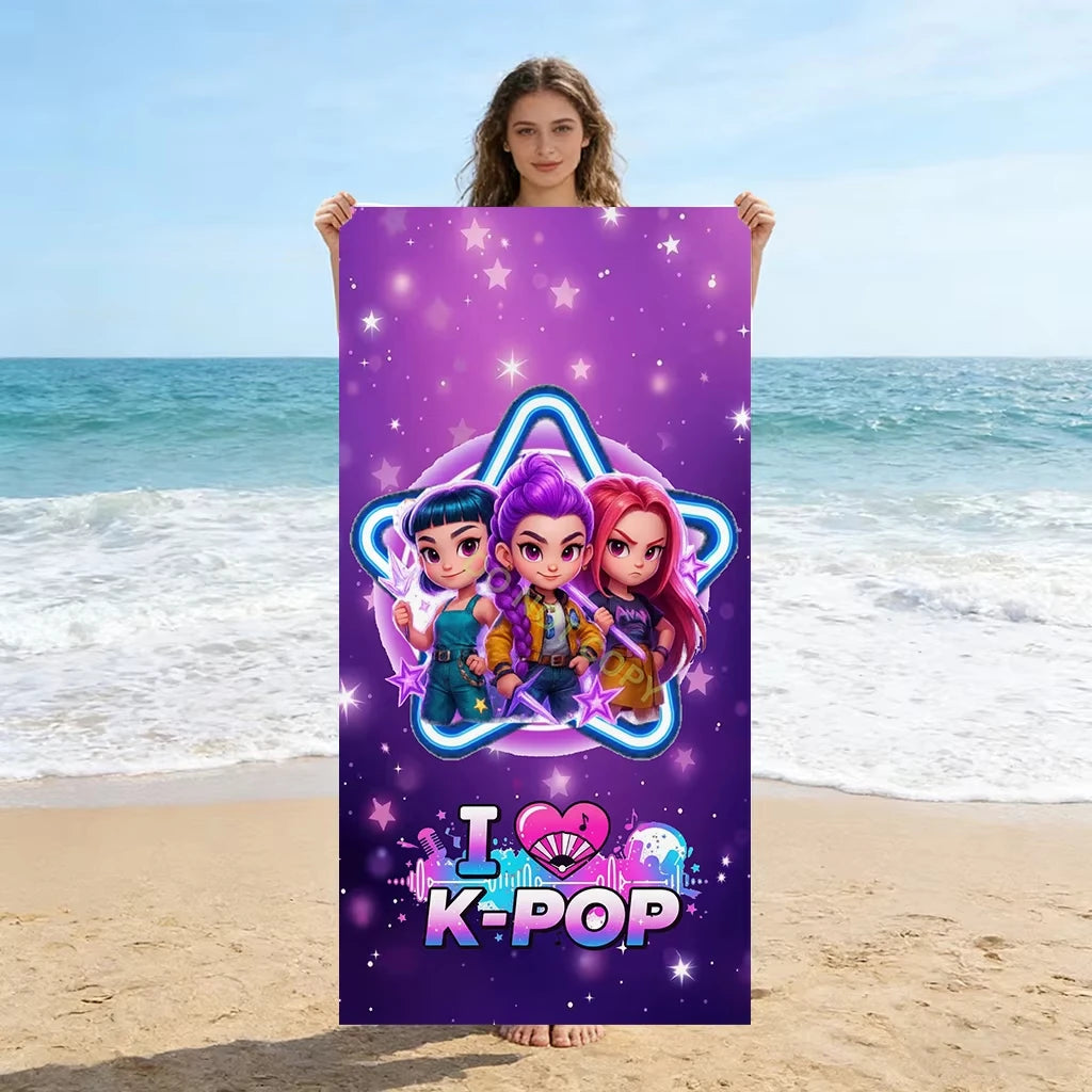 serviette plage dessin animé kpop violet étoiles motifs lumineux séchage rapide polyester rectangle moderne