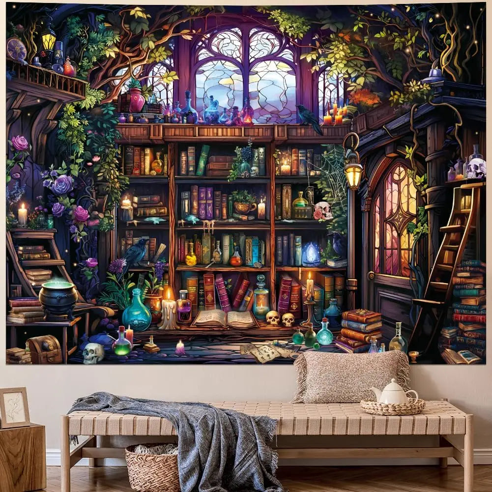 tapisserie murale fantastique multicolore arbres livres potions crânes bougies bibliothèque