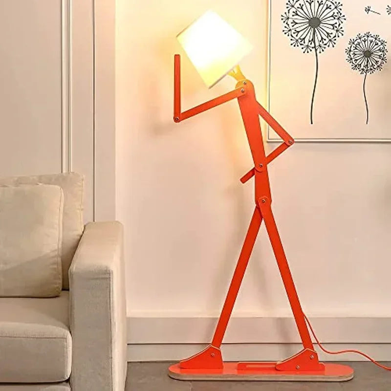 lampe sol moderne bras articulés tête lumineuse bois orange éclairage led original fixations modernes