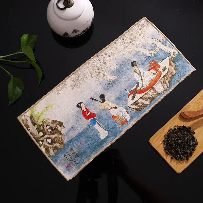 serviettes thé vert bleu beige peinture chinoise motifs floraux art traditionnel zipper cuisine
