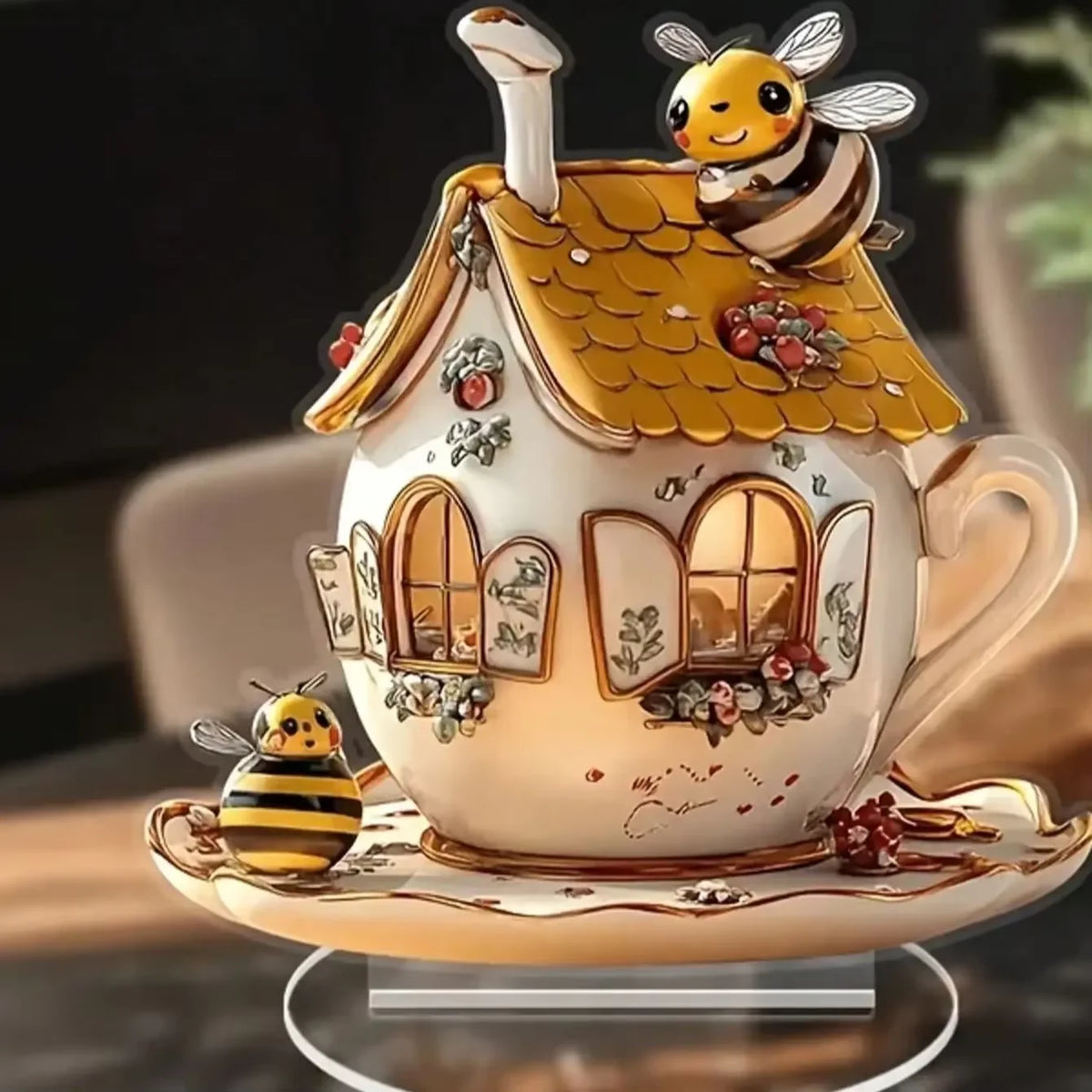 décoration murale maisonnette abeilles cheminée soucoupe base acrylique blanc jaune marron doré fantaisiste