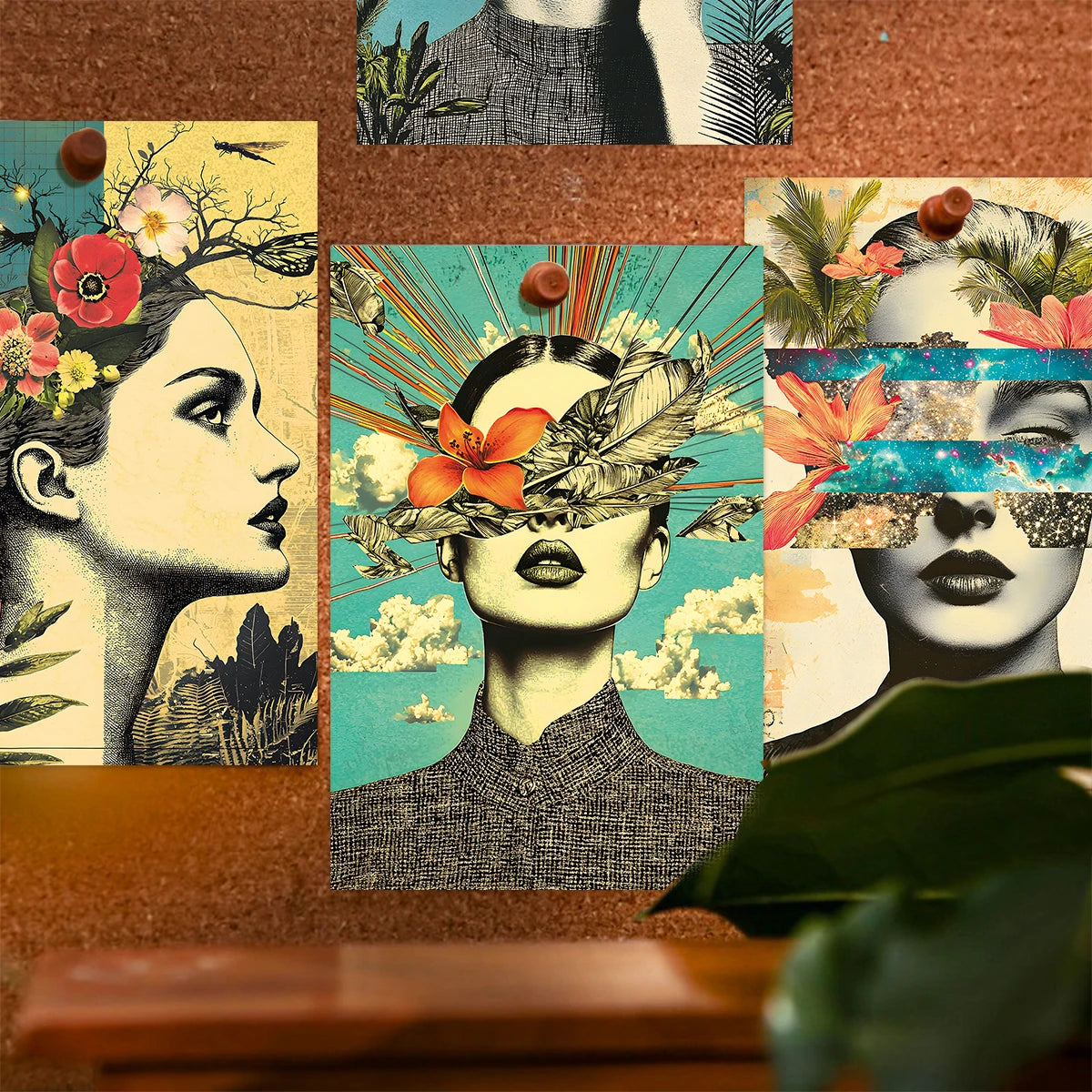 cartes postales art contemporain collage portraits fleurs papillons oiseaux clips magnétiques decoration maison bohème