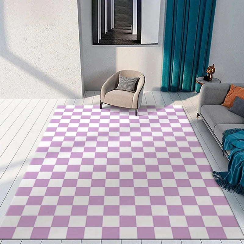 tapis salon moderne carreaux géométriques noir blanc marron beige rose grande taille intérieur