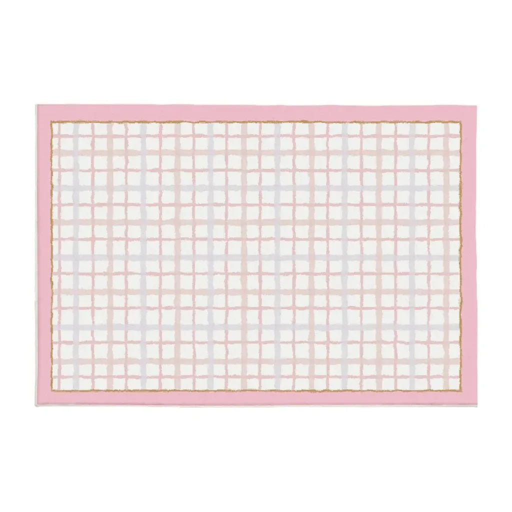 Un motif de carreaux blancs et roses subtils avec une bordure rosée, créant un design élégant et délicat.