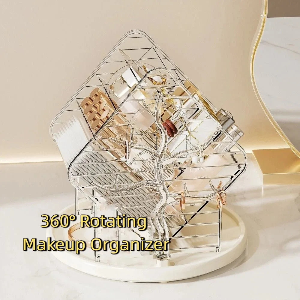organisateur maquillage rotatif transparent doré arbre stylisé modernes pinceaux bijoux ombres paupières blush rouge