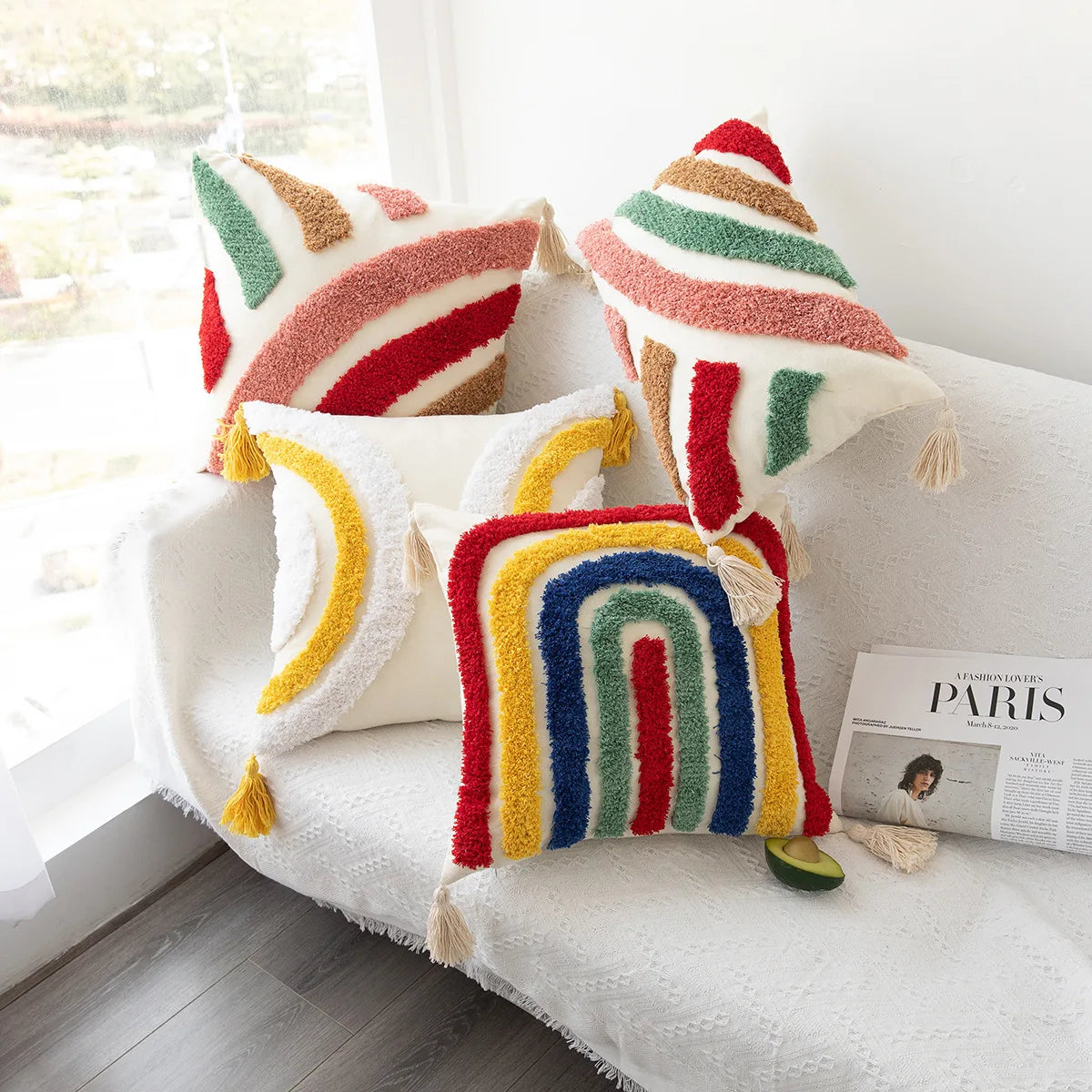 coussin décoratif boho chic motif géométrique tufté coton canevas canapé salon maison