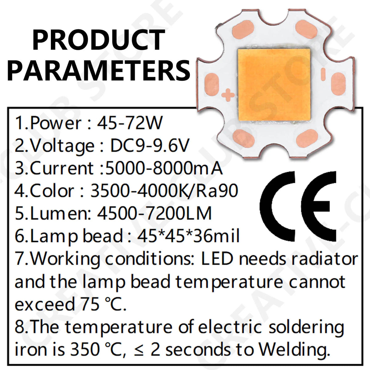 LED chip carré 20mm 45 72W blanc cuivre moderne technique clips métalliques