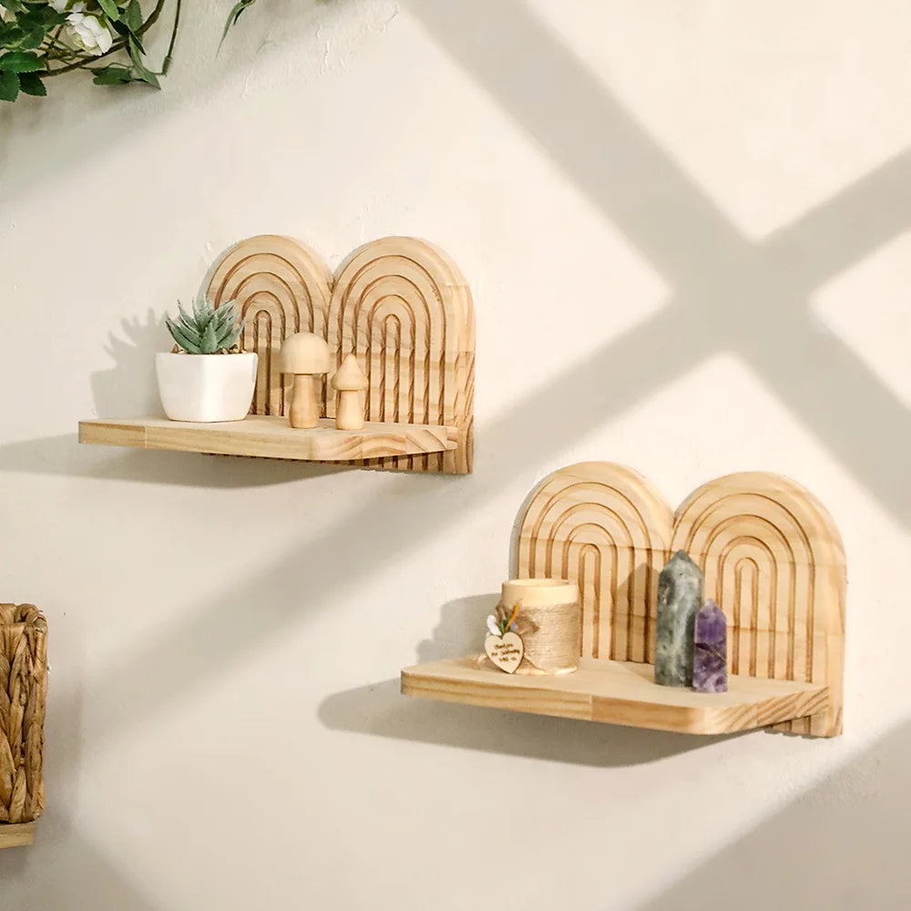 étagère murale bois naturel arc cercle bohème minimaliste scandinave chambre salon decoration