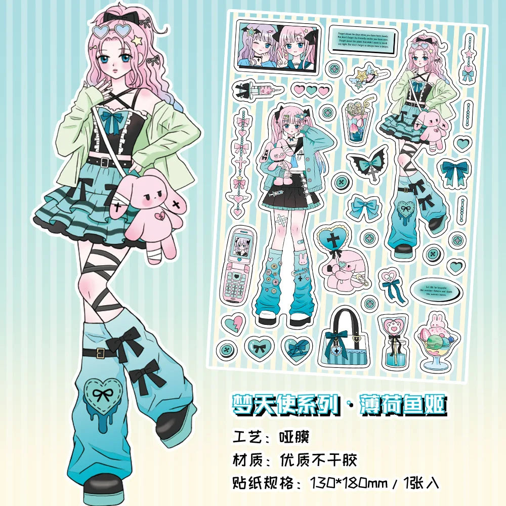 sticker kawaii fille personnages coeurs geometrique textes rose bleu violet doux