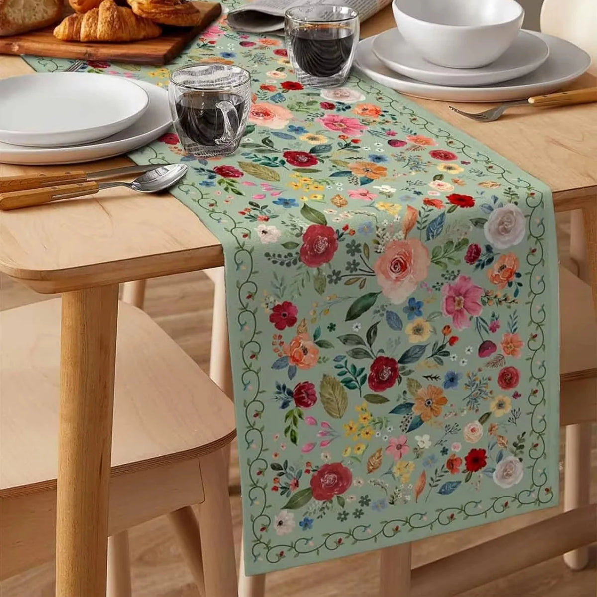 table cheminement lin fleurs vertes printemps moderne bordure florale chambre vertclair