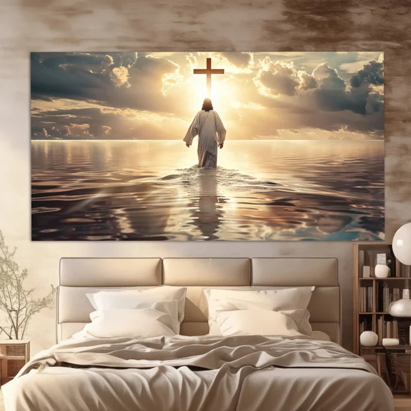 peinture toile classique jesus christ mer soleil couchant aquarelle sans cadre decoration mur religieuse