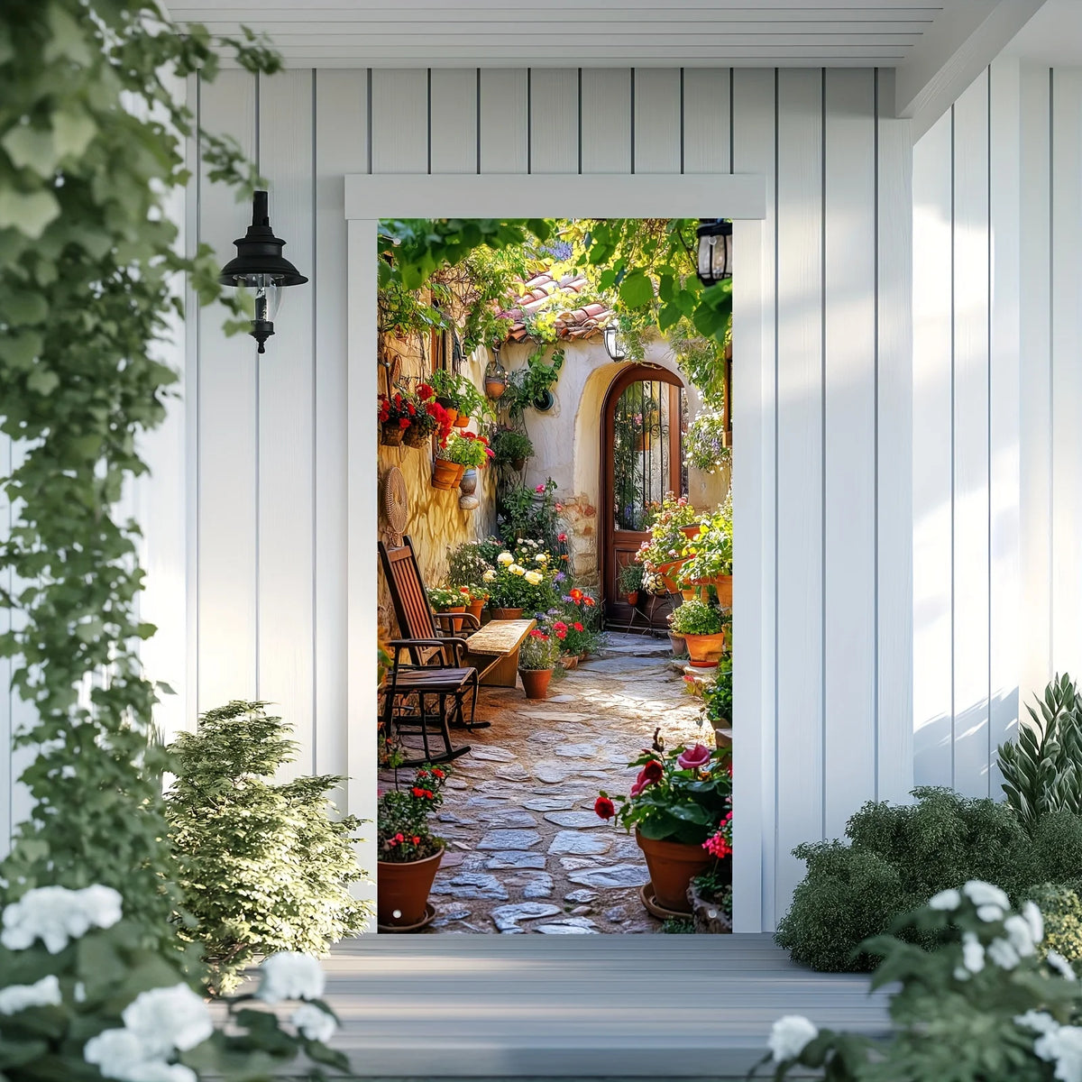 décoration murale jardin fleuri porte bois allée pavée anniversaire mariage événementextérieur festive