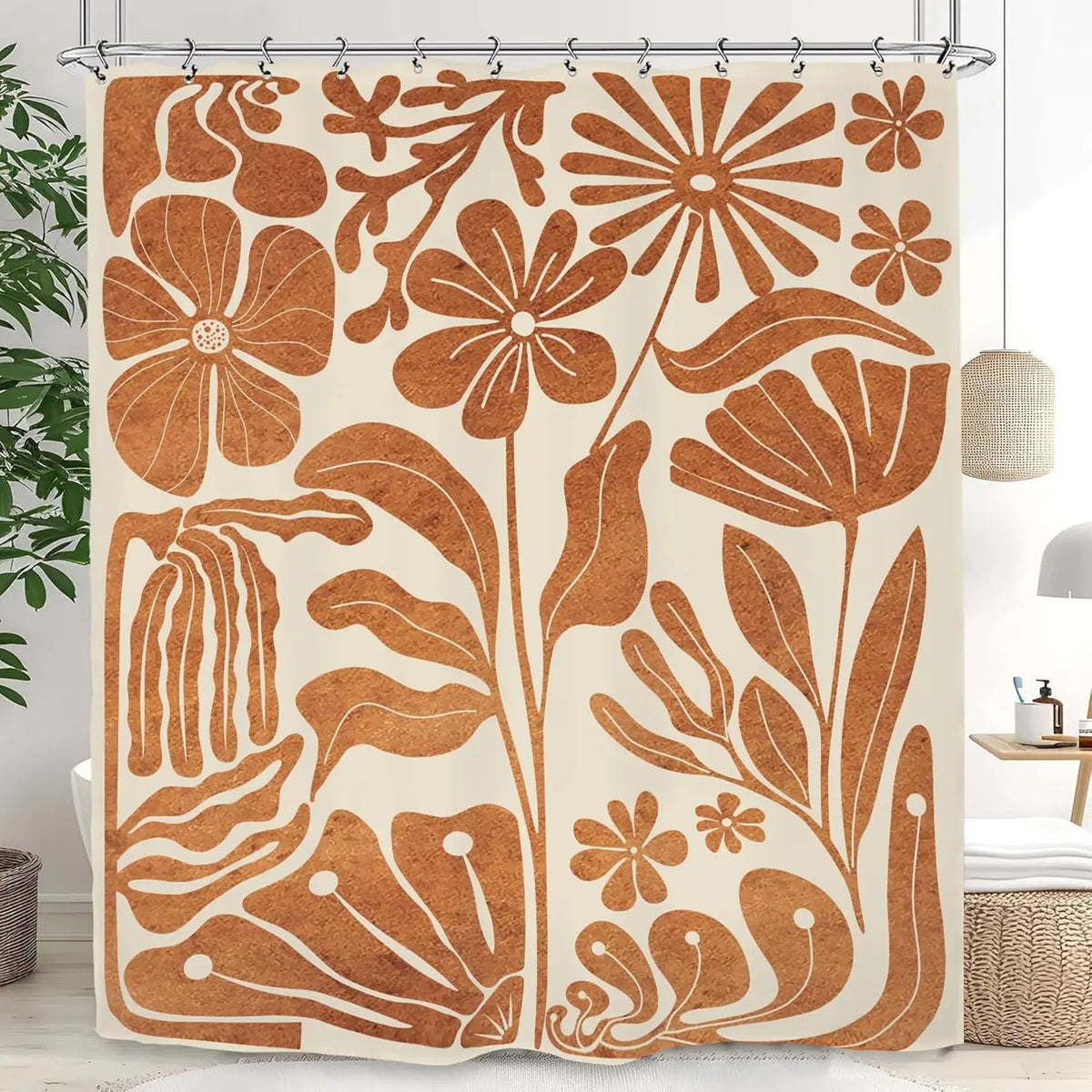 rideau douche moderne fleurs stylisées beige marron opaque polyester 180x200cm decoration bain