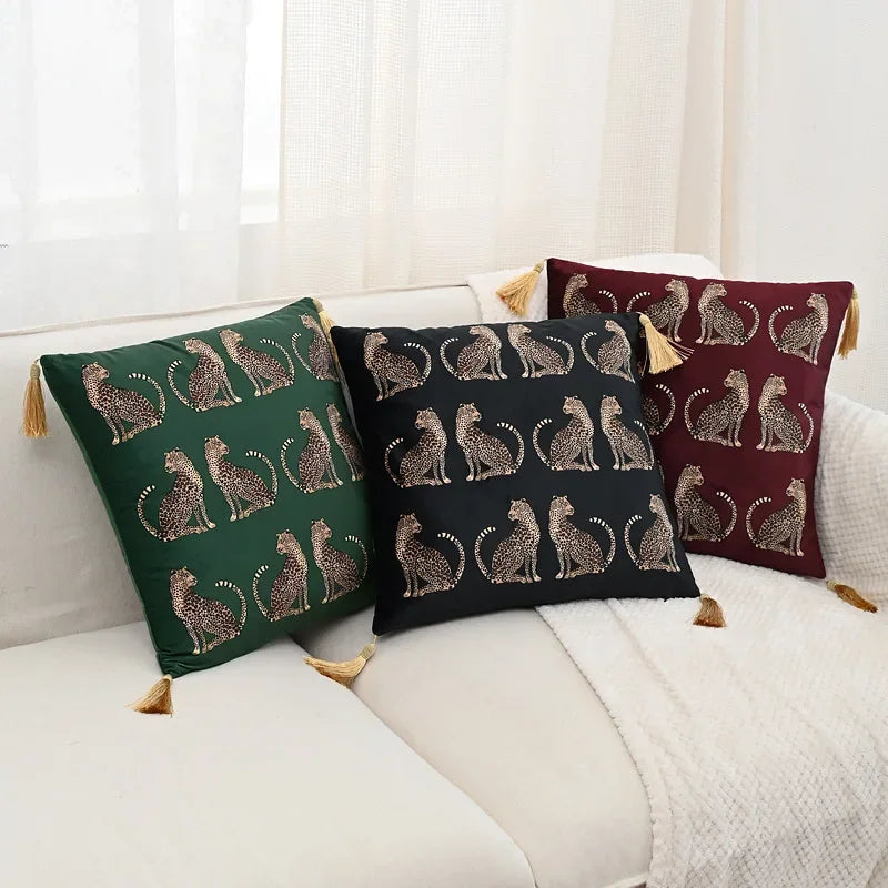 taie d'oreiller carrée léopard doré vintage tassel adhésif décorative verte noire polyester coton 45x45cm