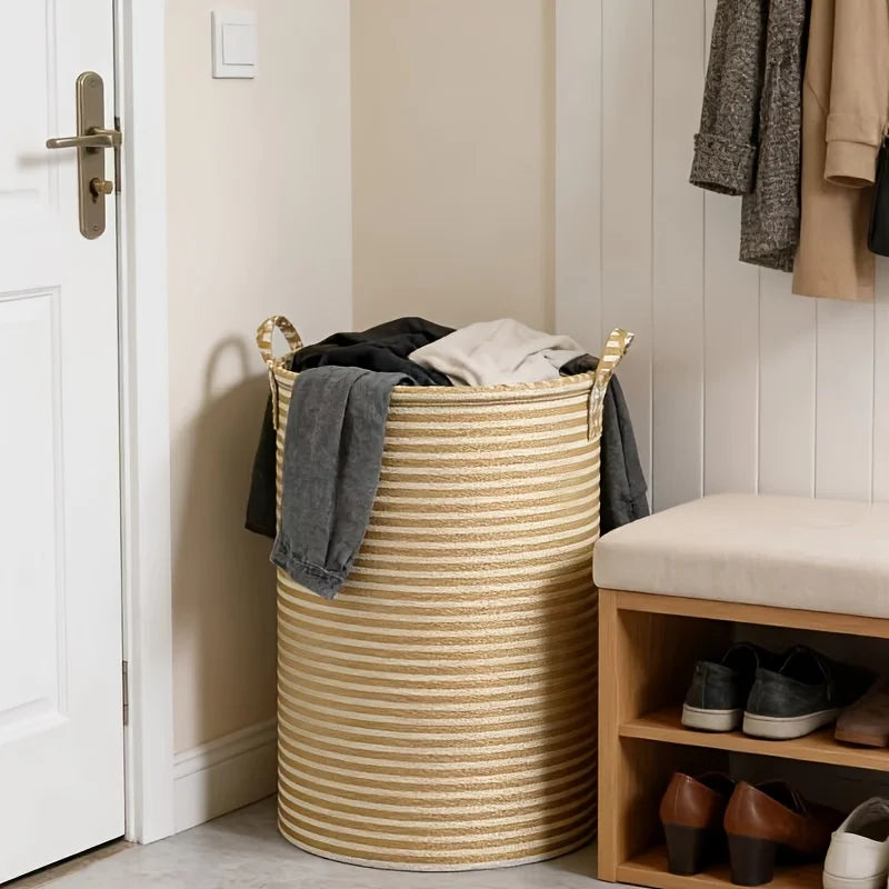 panier linge pliable moderne rayures dorées beiges poignées robustes anneaux métalliques rangement décoratif