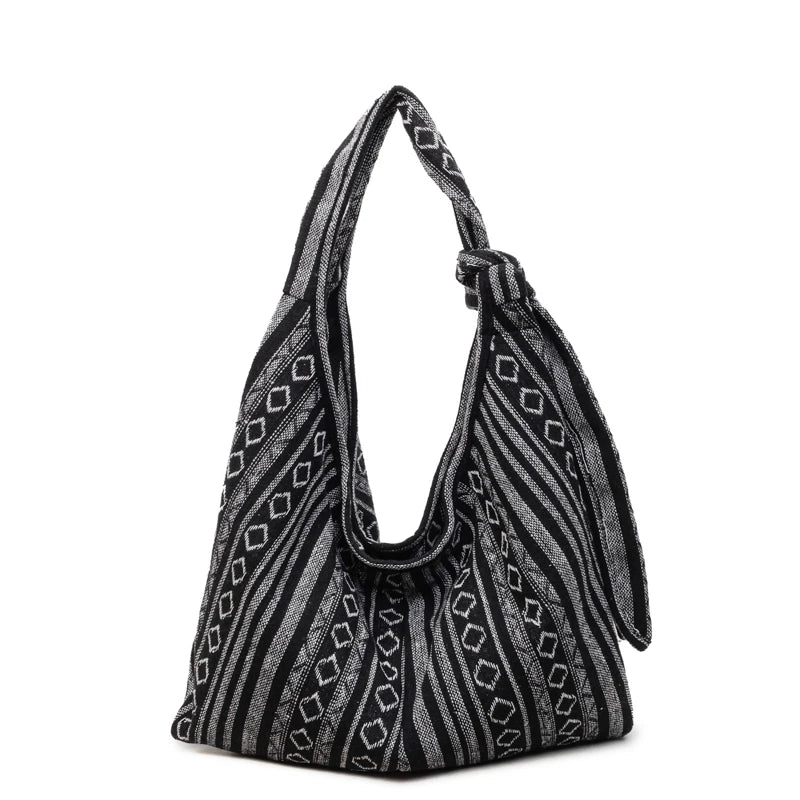 sac bandoulière toile rayée noir blanc femme polyvalent fourre tout décontracté boho chic fermé