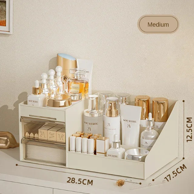 organisateur rangement moderne boîtes tiroirs transparents cosmétiques maquillage crèmes parfums essences masques brosse étiquettes