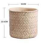 Pot plante tissé marron clair moderne rustique plante verte graines noires serviette blanche