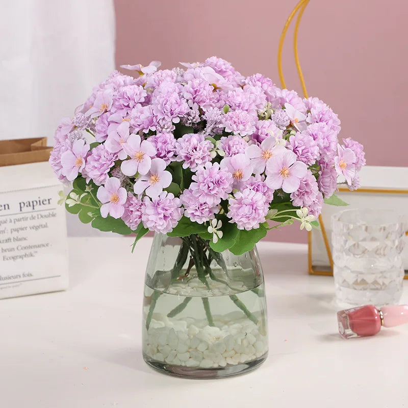 bouquet fleurs artificielles pivoine hortensias pissenlit blanc rose intérieur mariage décoration minimaliste