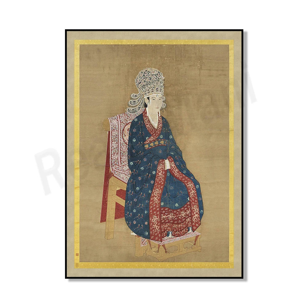 Illustration d'une personne vêtue d'un kimono bleu orné de motifs floraux et d'accessoires traditionnels, assise sur un siège richement décoré.