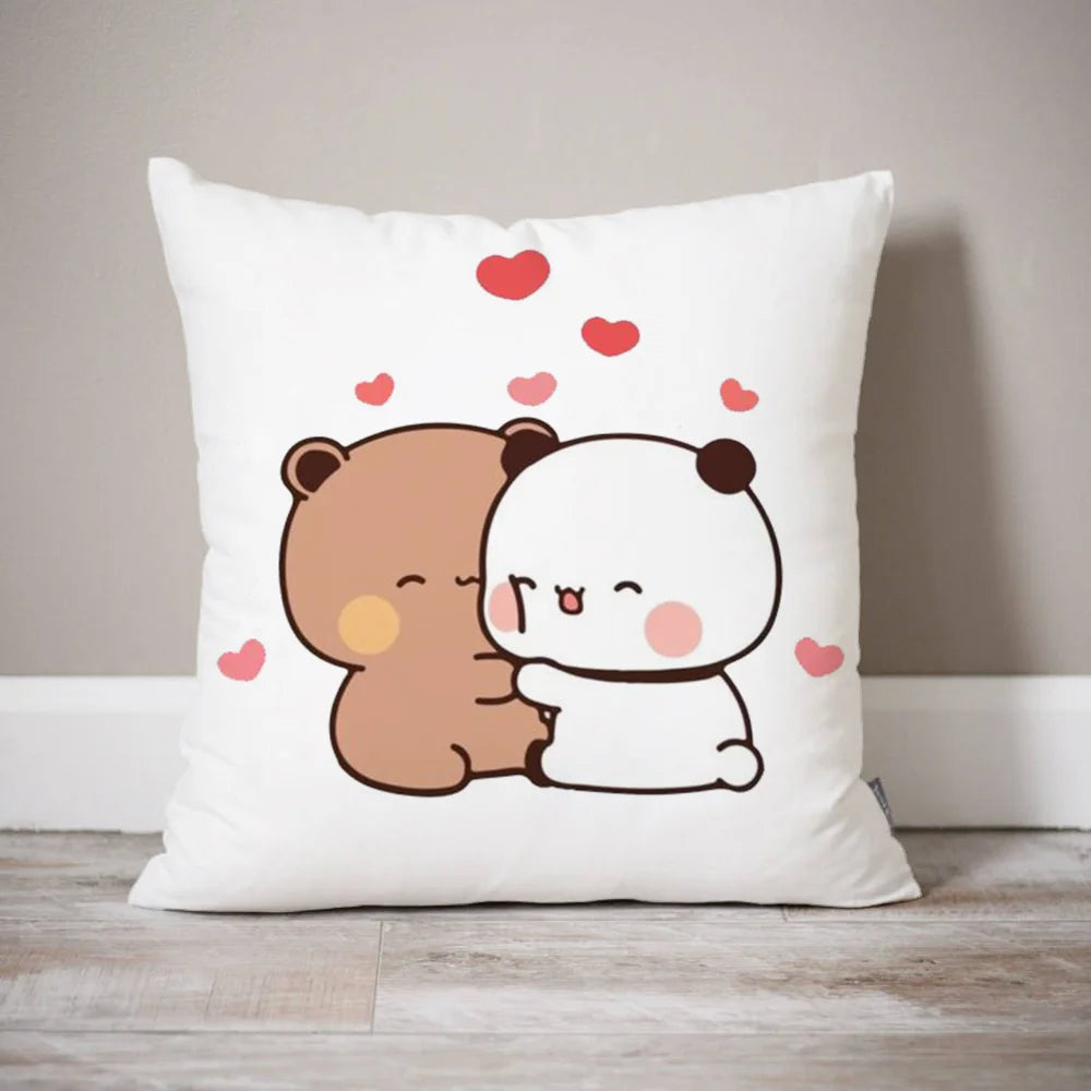 coussin carré blanc décoratif ours marron panda coeur rose cartoon salon chambre lit