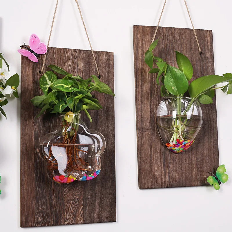 vases murals transparents bois marron plantes vertes deco bohème minimaliste suspension chambre salon
