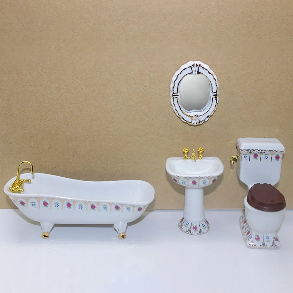 ensemble salle bain miniature baignoire lavabo miroir toilette décor floral vintage doré blanc