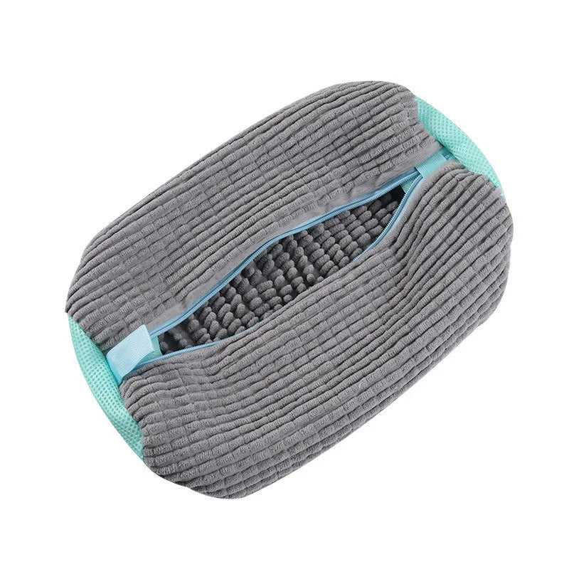 sac lavage chaussures réutilisable coton texture côtelée jaune bleu transparent fermeture éclair anse pratique