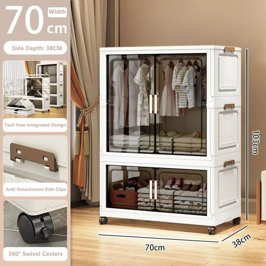 armoire modulaire empilable blanc texture bois vitrée étagères métal vêtements suspendus roulettes facile multiple