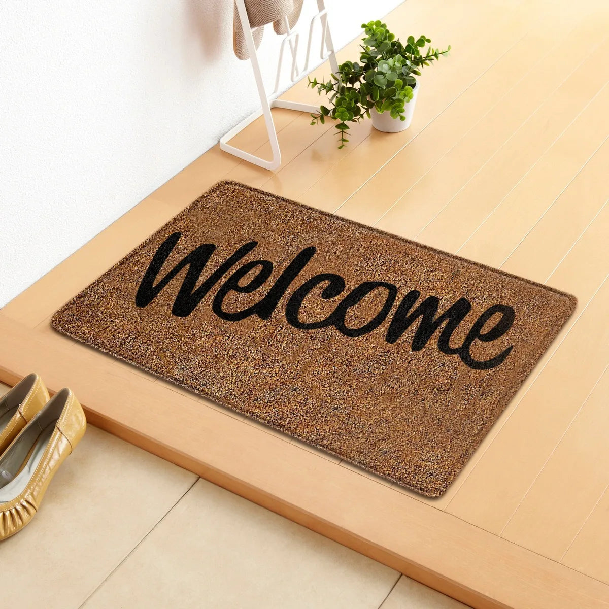 tapis d'entrée marron clair welcome motif moderne antidérapant polyester intérieur extérieur maison décoratif