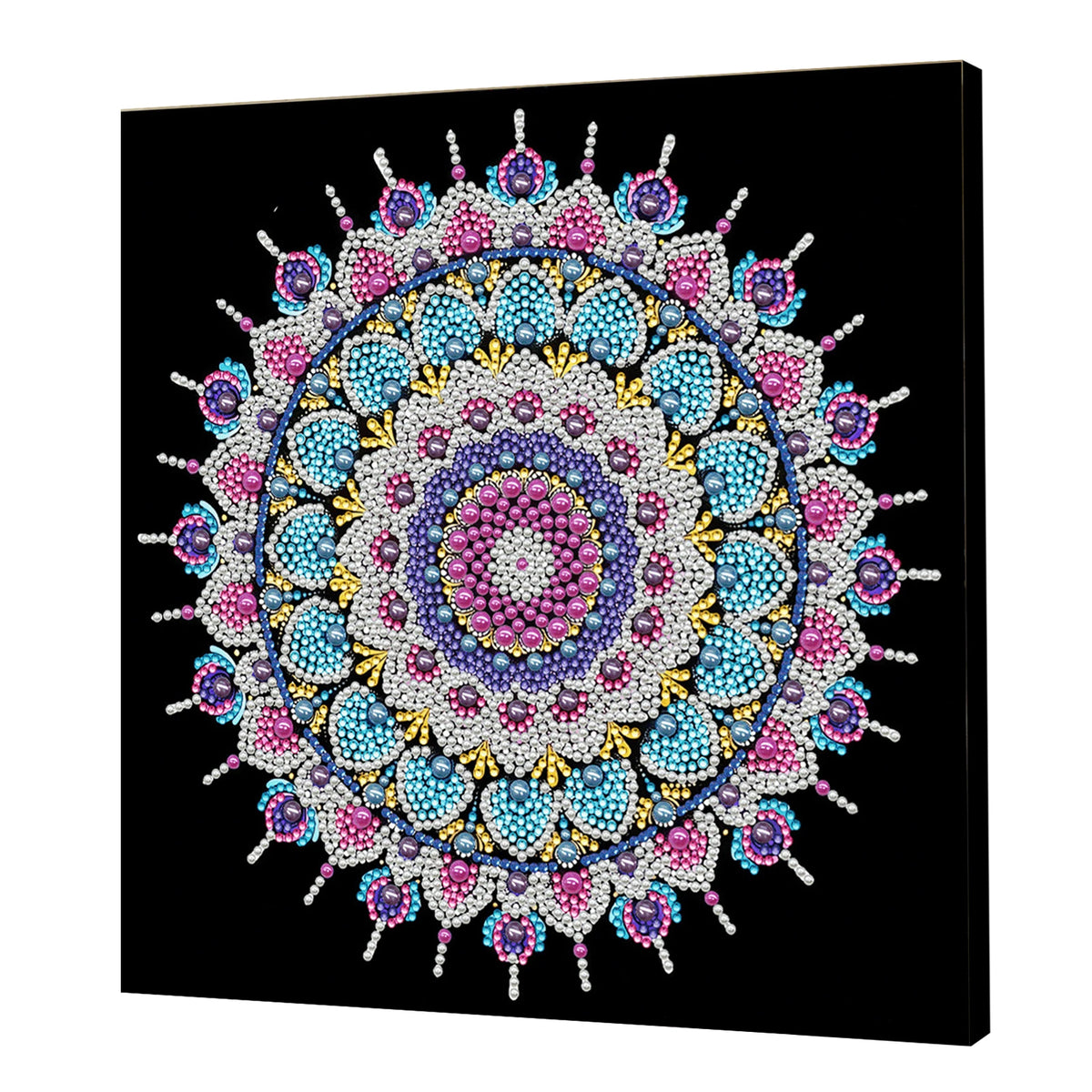 tableau décoratif mandala bleu blanc doré rose vert jaune violet orange contemporain 25x25cm