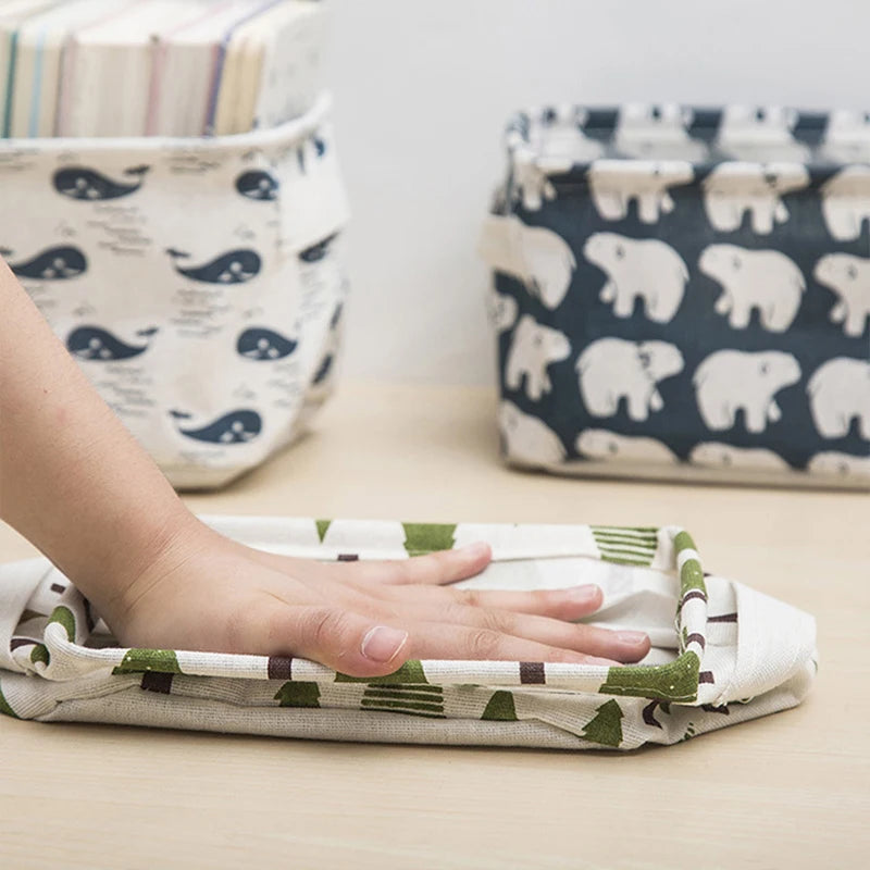 boîtes rangement pliables tissu lin respectueux environnement moderne minimaliste motifs géométriques animaux étiquettes poignées
