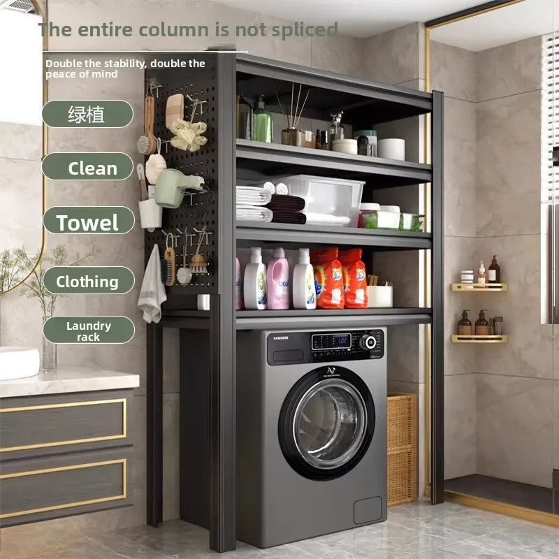 rangement meuble noir moderne étagères paniers linge serviettes bouteilles lessive autoportant adaptable buanderie