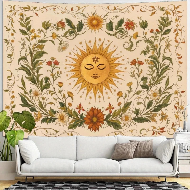 tapisserie florale imprimée bohème vintage rectangle couleurs chaudes solaire détaillée