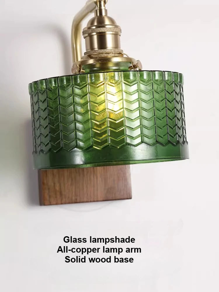 lampe murale rétro verre vert motif géométrique abat jour verre bras cuivre fixation éclairage