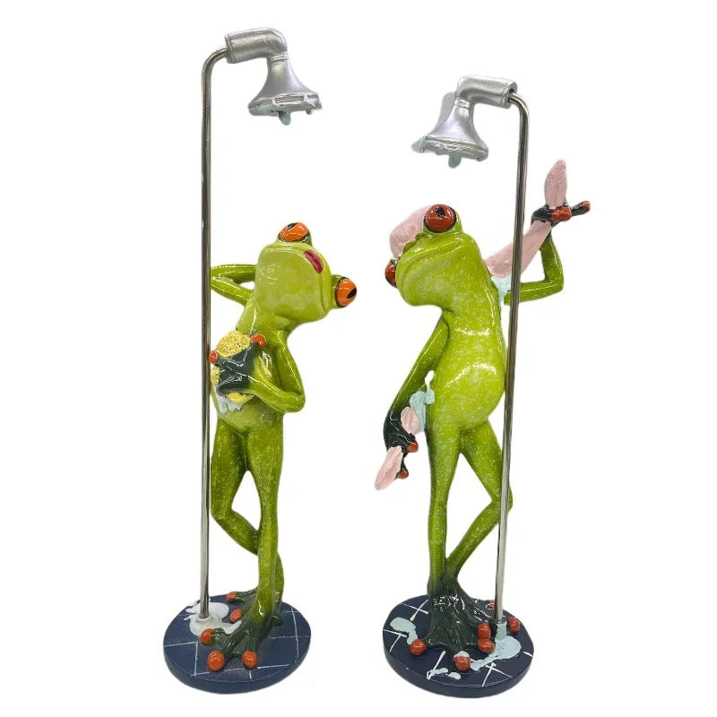 statue grenouille verte douching figurine résine décorative humoristique salle bains