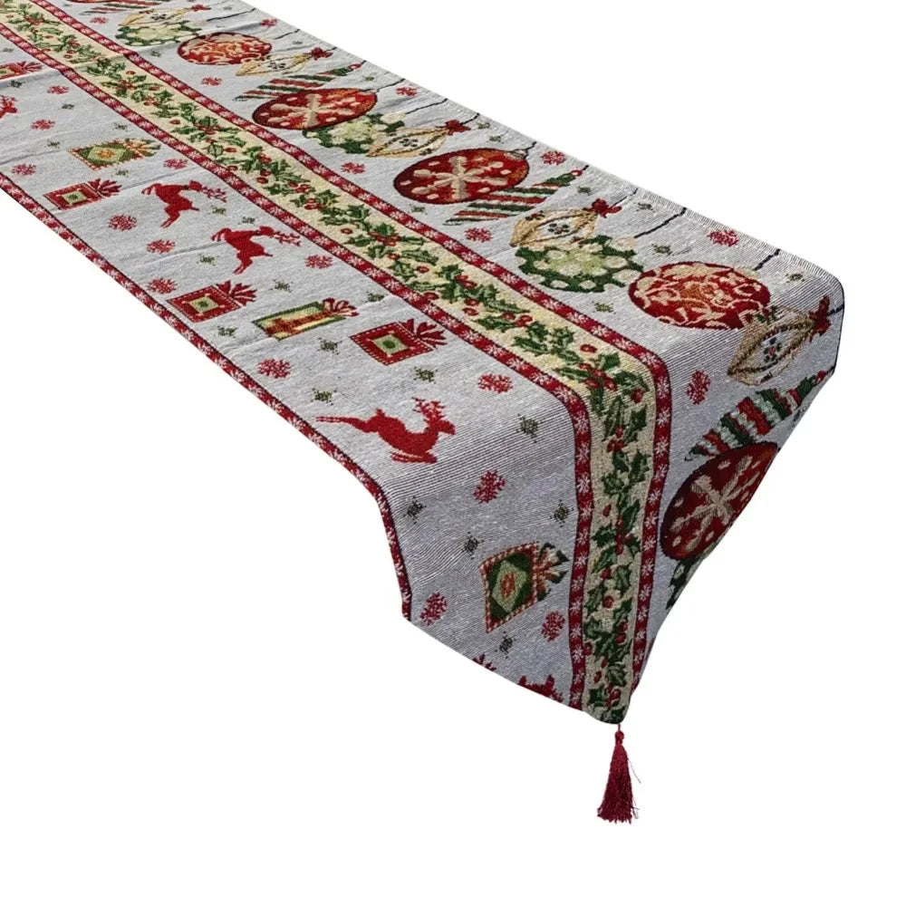 table noël chemin table motifs flocons rennes sapins tassel rouge vert festive decoration