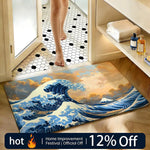 tapis sol doux motif vague grande vague kanagawa décoration maison coton bleu blanc gris