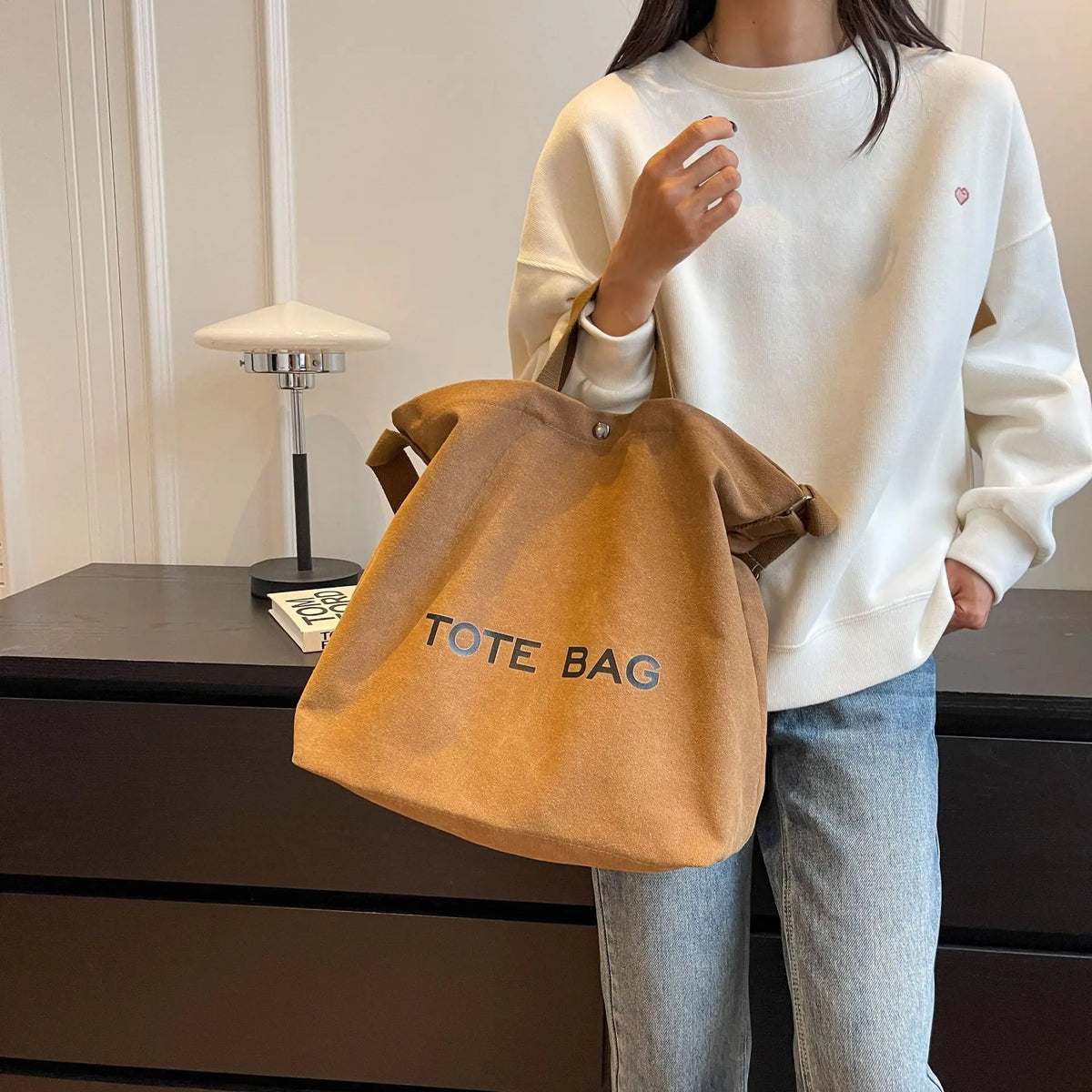sac fourre tout tote bag toile décontracté lettre motif doux beige casual