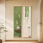 cadre mural suspendu paysage japonais fleurs blanches branches vertes oiseau noir texte chinois verte