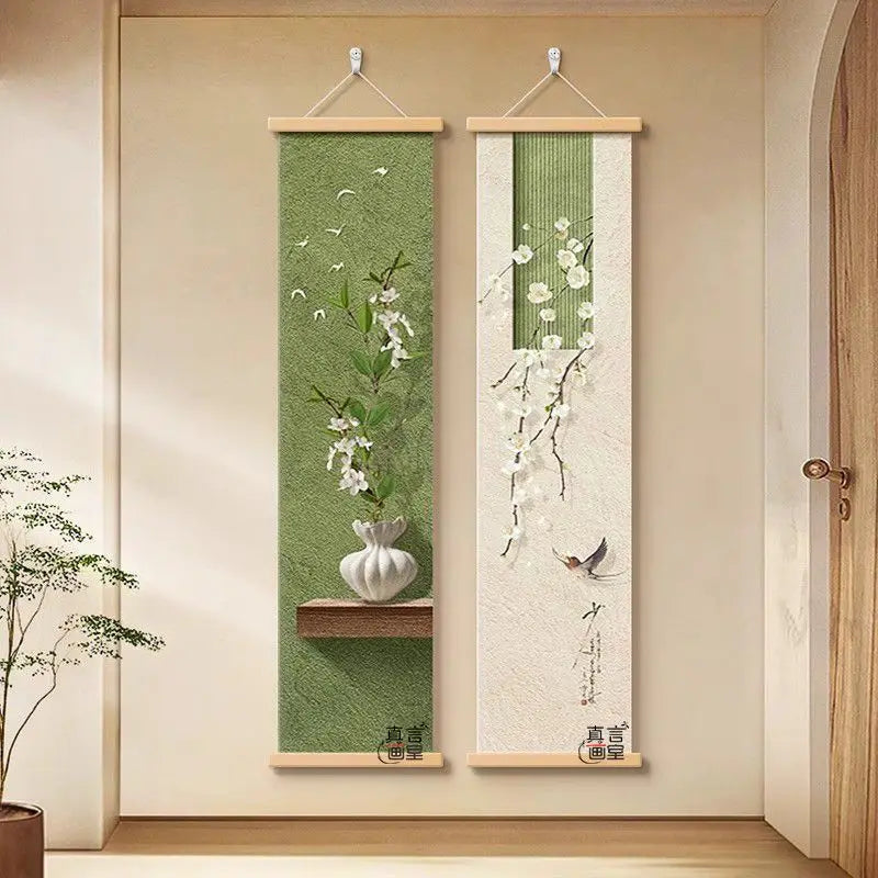 cadre mural suspendu paysage japonais fleurs blanches branches vertes oiseau noir texte chinois verte