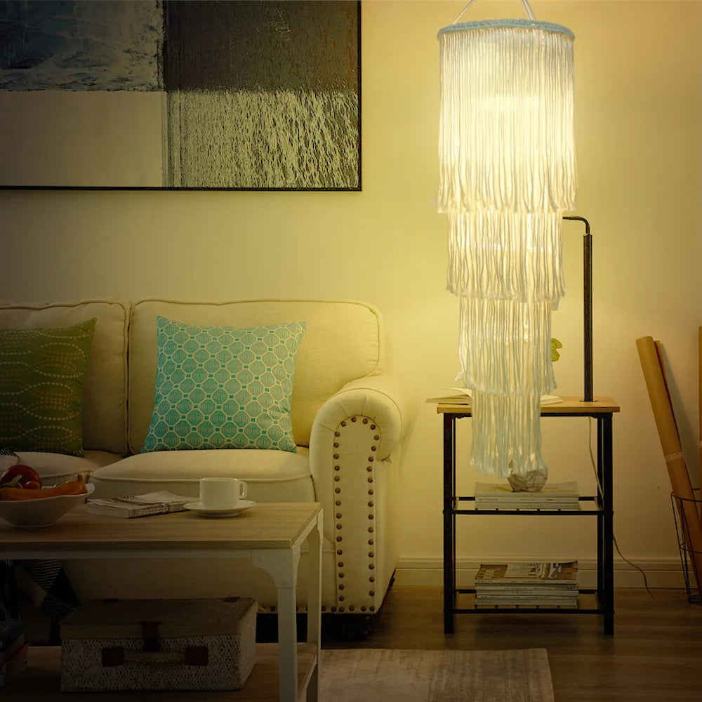 lampe suspendue boho macramé blanc cassé franges artisanal chambre opale coton tissage