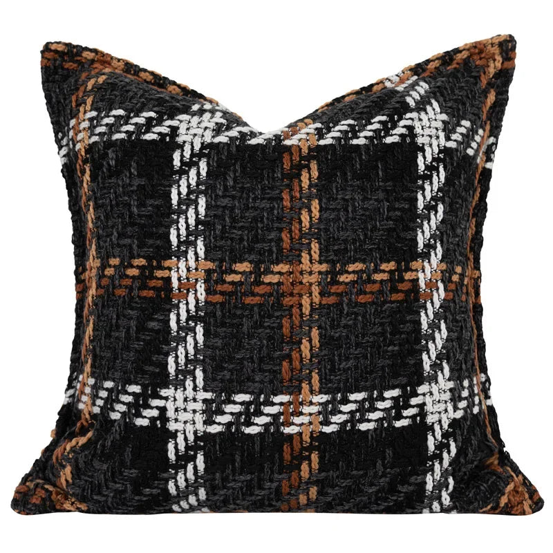 taies d'oreiller carrées tartan tissu chenille beige noir blanc décoratives modernes