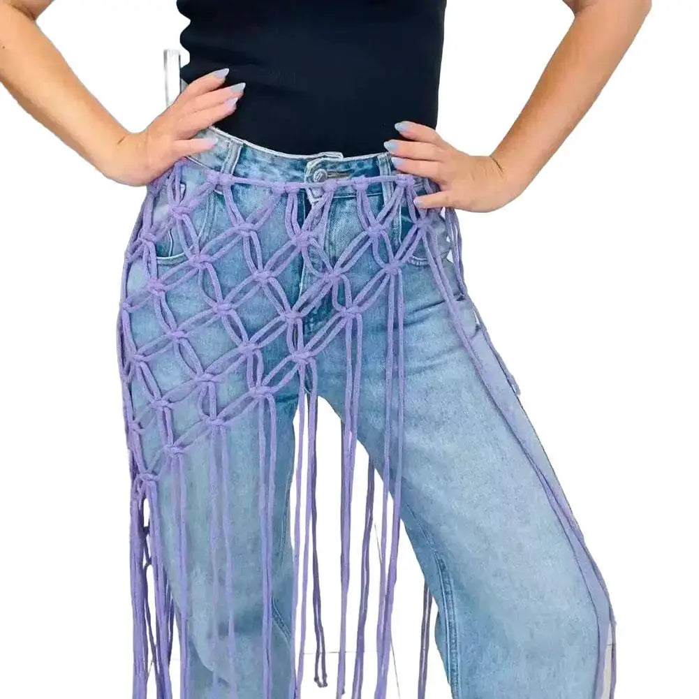 ceinture boho chic macramé franges pompons femme solides couleurs noire blanche rose jaune verte