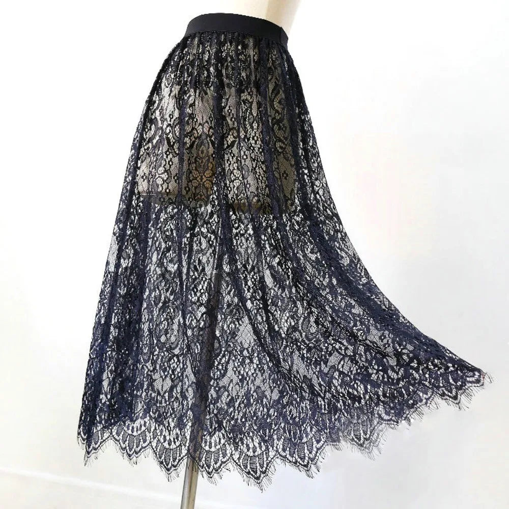 jupe dentelle noire translucide vintage été femme mi mollet droiteSizeMode: taille moyenne non extensible