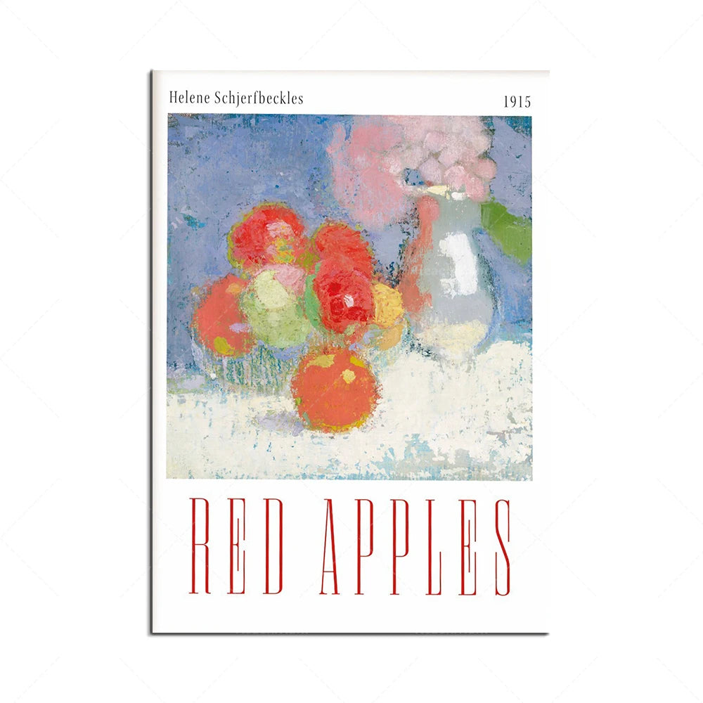 Une peinture colorée avec des pommes rouges au premier plan sur fond de touches de couleurs.