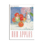 Une peinture colorée avec des pommes rouges au premier plan sur fond de touches de couleurs.