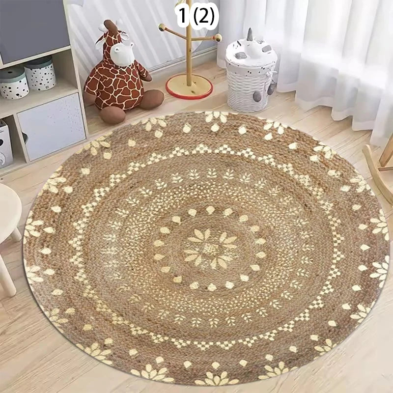 tapis rond moderne boho motifs géométriques floraux beige blanc salon chambre