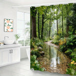 rideau douche polyester paysage forestier ruisseau naturel vert marron jaune blanc 180x180cm tringle rideau